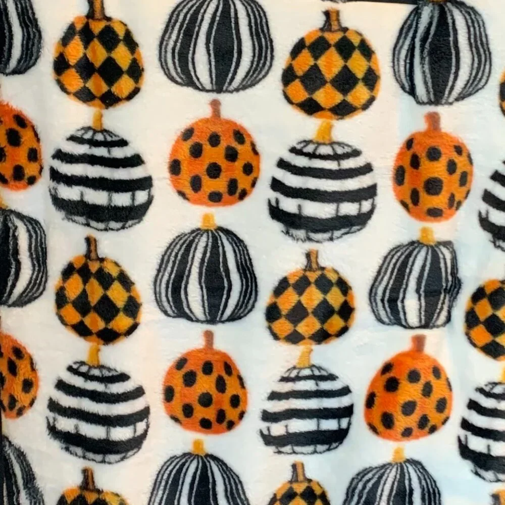 Pumpkin Velvet Plush Throw Black White Check Orange Oversized NWT